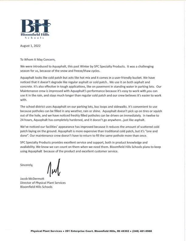 Aquafalt Testimonial: Bloomfield Hills Schools